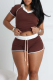 Coffee Casual Lace Up Patchwork Contrast V Neck Short Sleeve Two Pieces