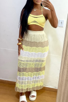 Yellow Casual Hollow Out Patchwork Halter Sleeveless Two Pieces