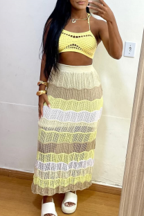 Yellow Casual Hollow Out Patchwork Halter Sleeveless Two Pieces