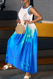 Blue Casual Print Patchwork O Neck Long Plus Size Dresses