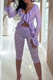 Red Sexy Solid Color Lace Patchwork V Neck Long Sleeve Two Pieces