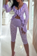 Purple Sexy Solid Color Lace Patchwork V Neck Long Sleeve Two Pieces