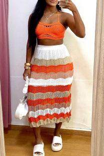 Orange Casual Hollow Out Patchwork Halter Sleeveless Two Pieces