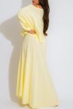 Yellow Casual Solid Color Buttons Patchwork O Neck Long Sleeve Two Pieces