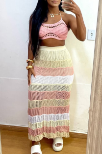 Pink Casual Hollow Out Patchwork Halter Sleeveless Two Pieces