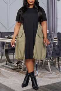 Black Casual Daily Patchwork Contrast Short Sleeve Plus Size Dresses