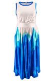 Blue Casual Print Patchwork O Neck Long Plus Size Dresses