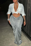 Grey Sexy Solid Color Ruched Bodycon Mid Waist Conventional Solid Color Skirts