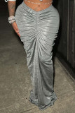 Grey Sexy Solid Color Ruched Bodycon Mid Waist Conventional Solid Color Skirts