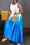 Blue Casual Print Patchwork O Neck Long Plus Size Dresses
