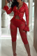 Red Sexy Solid Color Lace Patchwork V Neck Long Sleeve Two Pieces