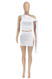 White Sexy Casual Solid Color Ruched Oblique Collar Sleeveless Two Pieces
