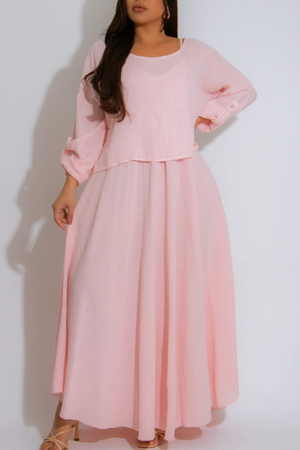 Pink Casual Solid Color Buttons Patchwork O Neck Long Sleeve Two Pieces