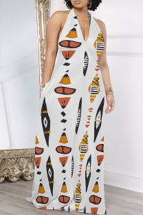 White Casual Print Pocket Patchwork Halter Long Dresses