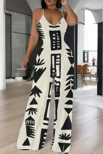 White Black Casual Print Patchwork Spaghetti Strap Jumpsuits
