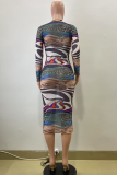 Multicolor Elegant Print Patchwork O Neck Wrapped Skirt Dresses