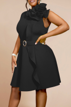 Black Elegant Solid Color Patchwork With Belt Flower Shape O Neck Long Plus Size Dresses