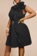 Black Elegant Solid Color Patchwork With Belt Flower Shape O Neck Long Plus Size Dresses