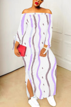 White Sexy Chain print Slit Contrast Off Shoulder Printed Dresses