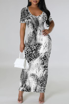 Grey Elegant Gradient Print Contrast O Neck Printed Short Sleeve Dress
