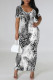 Grey Elegant Gradient Print Contrast O Neck Printed Short Sleeve Dress