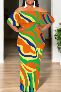 Orange Sexy Colorblock Print Flounce Contrast Off Shoulder Printed Dresses