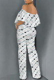 White Sexy Colorblock Floral Print Pocket Ruffle Off Shoulder Loose Jumpsuits