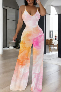 Pink Orange Casual Tie Dye Patchwork Spaghetti Strap Loose Jumpsuits