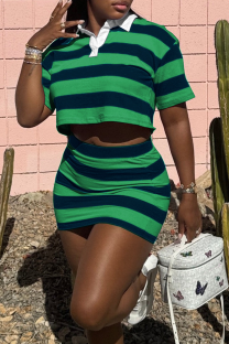 Green Casual Stripe Patchwork Turndown Collar Short Sleeve Two Pieces