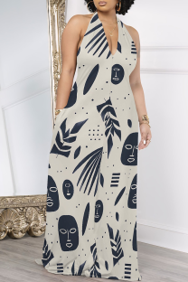 Dark Blue Casual Print Pocket Patchwork Halter Long Dresses