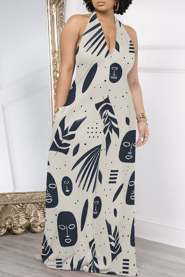 Dark Blue Casual Print Pocket Patchwork Halter Long Dresses