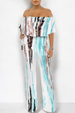 White Sexy Colorblock Floral Print Pocket Ruffle Off Shoulder Loose Jumpsuits