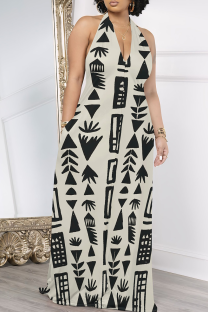 White Black Casual Print Pocket Patchwork Halter Long Dresses