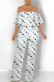 White Sexy Colorblock Floral Print Pocket Ruffle Off Shoulder Loose Jumpsuits