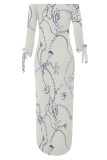 Light Gray Sexy Chain print Slit Contrast Off Shoulder Printed Dresses