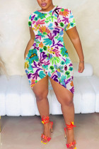 White Casual Geometric Print Irregular Contrast O Neck Printed Short Sleeve Dress