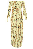 Light Gray Sexy Chain print Slit Contrast Off Shoulder Printed Dresses