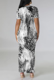 White Elegant Gradient Print Contrast O Neck Printed Short Sleeve Dress