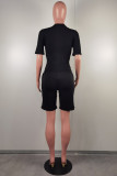 Black Casual Daily Print Basic O Neck Short Sleeve Two Pieces