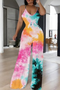 Ink Green Casual Tie Dye Patchwork Spaghetti Strap Loose Jumpsuits