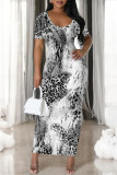 White Elegant Gradient Print Contrast O Neck Printed Short Sleeve Dress