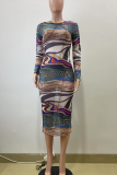 Multicolor Elegant Print Patchwork O Neck Wrapped Skirt Dresses