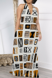 White Casual Print Pocket Patchwork Halter Long Dresses