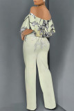 White Sexy Colorblock Floral Print Pocket Ruffle Off Shoulder Loose Jumpsuits