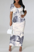 White Elegant Gradient Print Contrast O Neck Printed Short Sleeve Dress