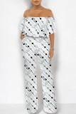 White Sexy Colorblock Floral Print Pocket Ruffle Off Shoulder Loose Jumpsuits