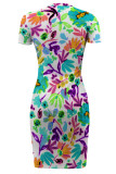 Leopard Print Casual Geometric Print Irregular Contrast O Neck Printed Short Sleeve Dress