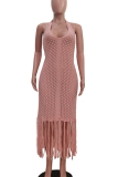 Pink Casual Solid Color Fringed Trim Patchwork Swimwears Cover Up