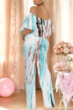 White Sexy Colorblock Floral Print Pocket Ruffle Off Shoulder Loose Jumpsuits