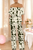 Beige Sexy Colorblock Floral Print Pocket Ruffle Off Shoulder Loose Jumpsuits